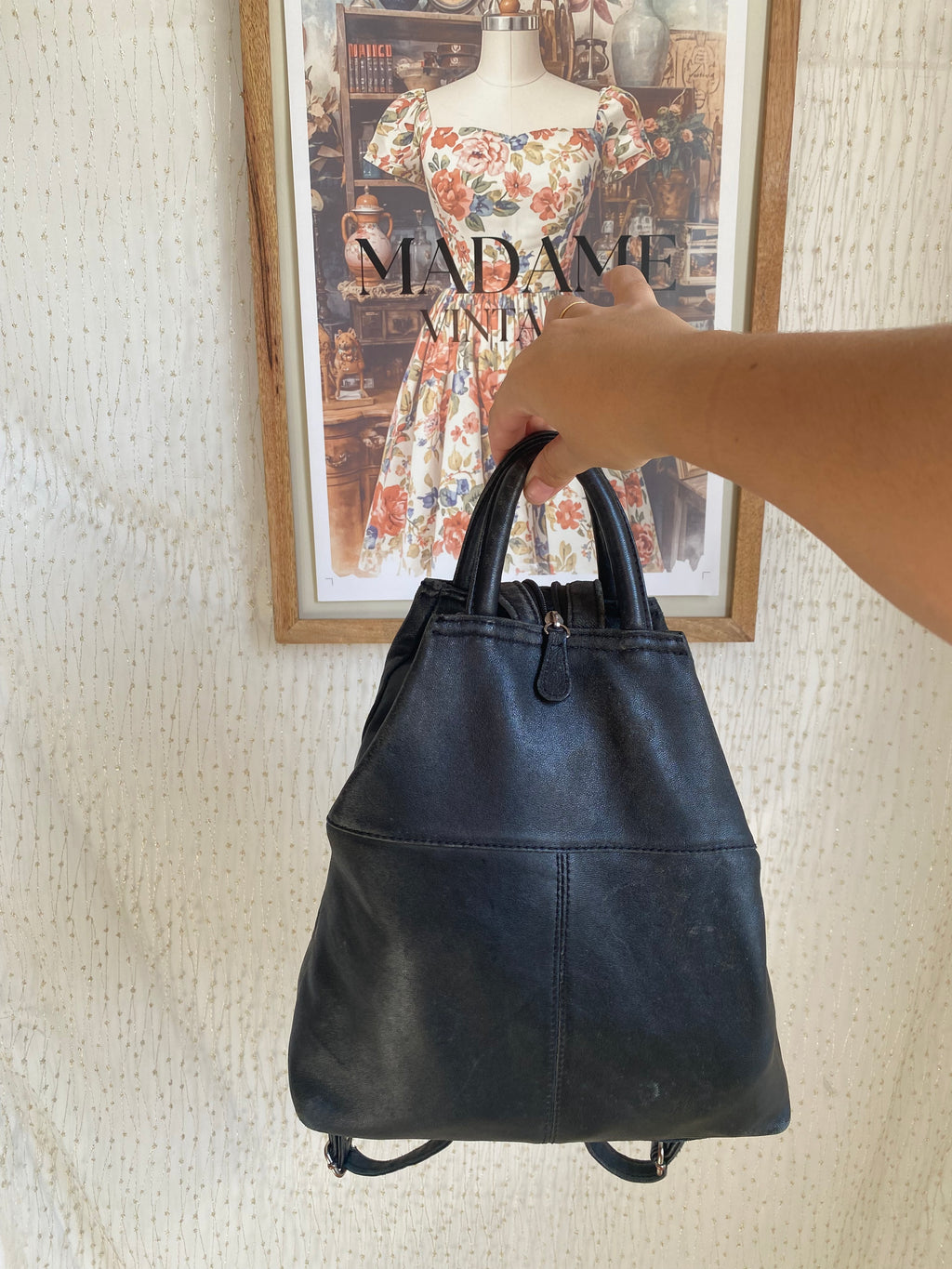 Vintage black leather mini backpack