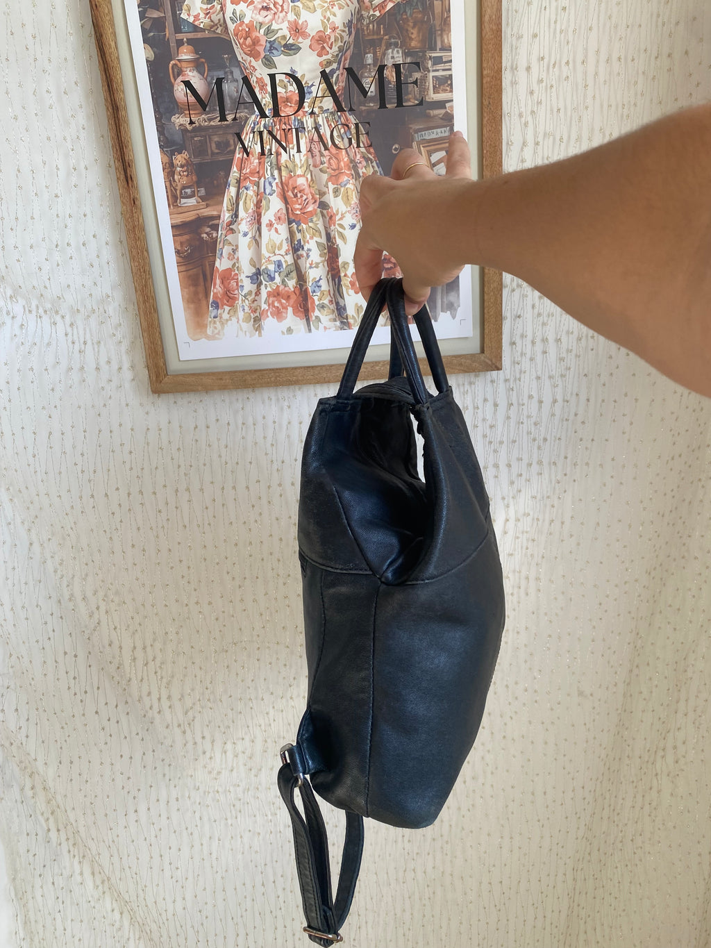Vintage black leather mini backpack