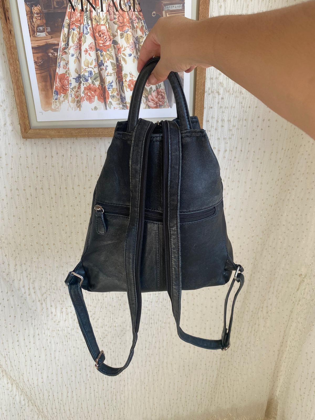 Vintage black leather mini backpack
