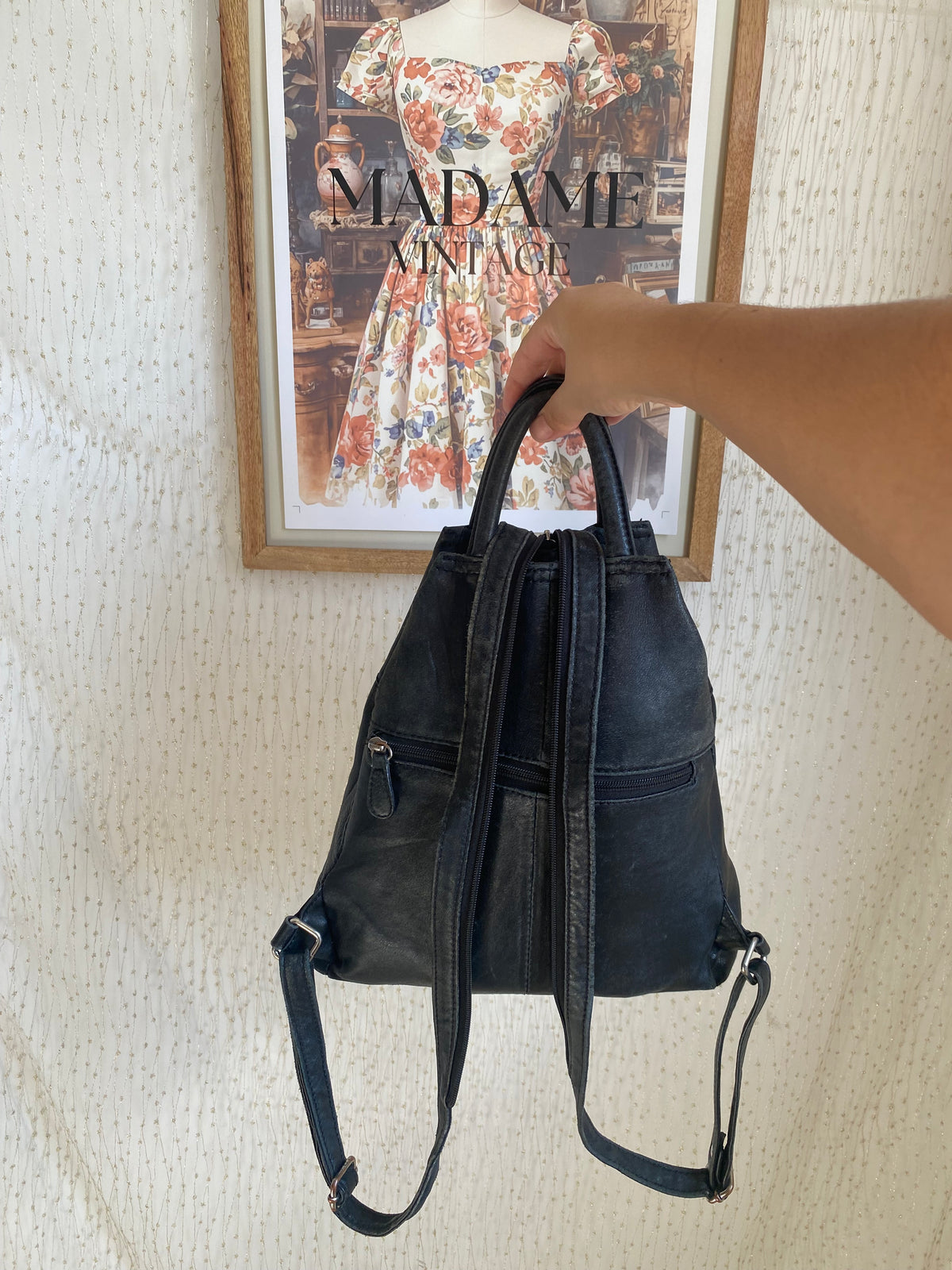 Vintage black leather mini backpack