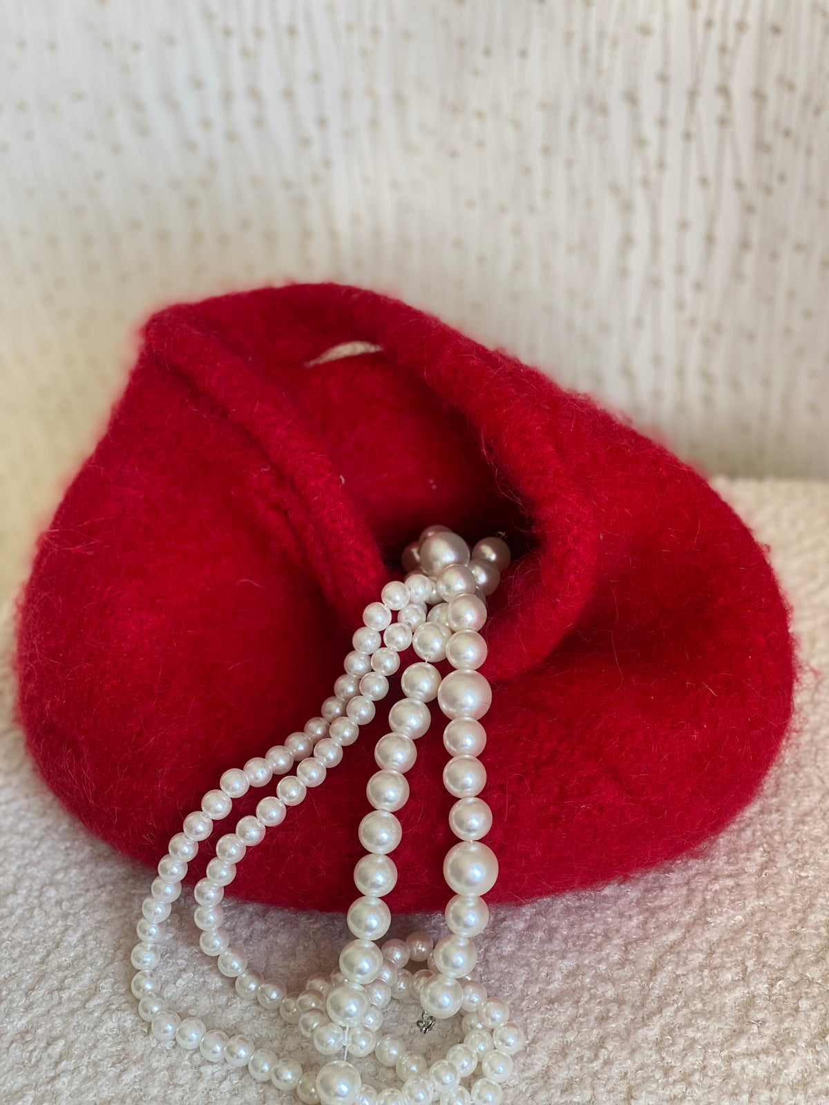 Handmade red fuzzy mini bag