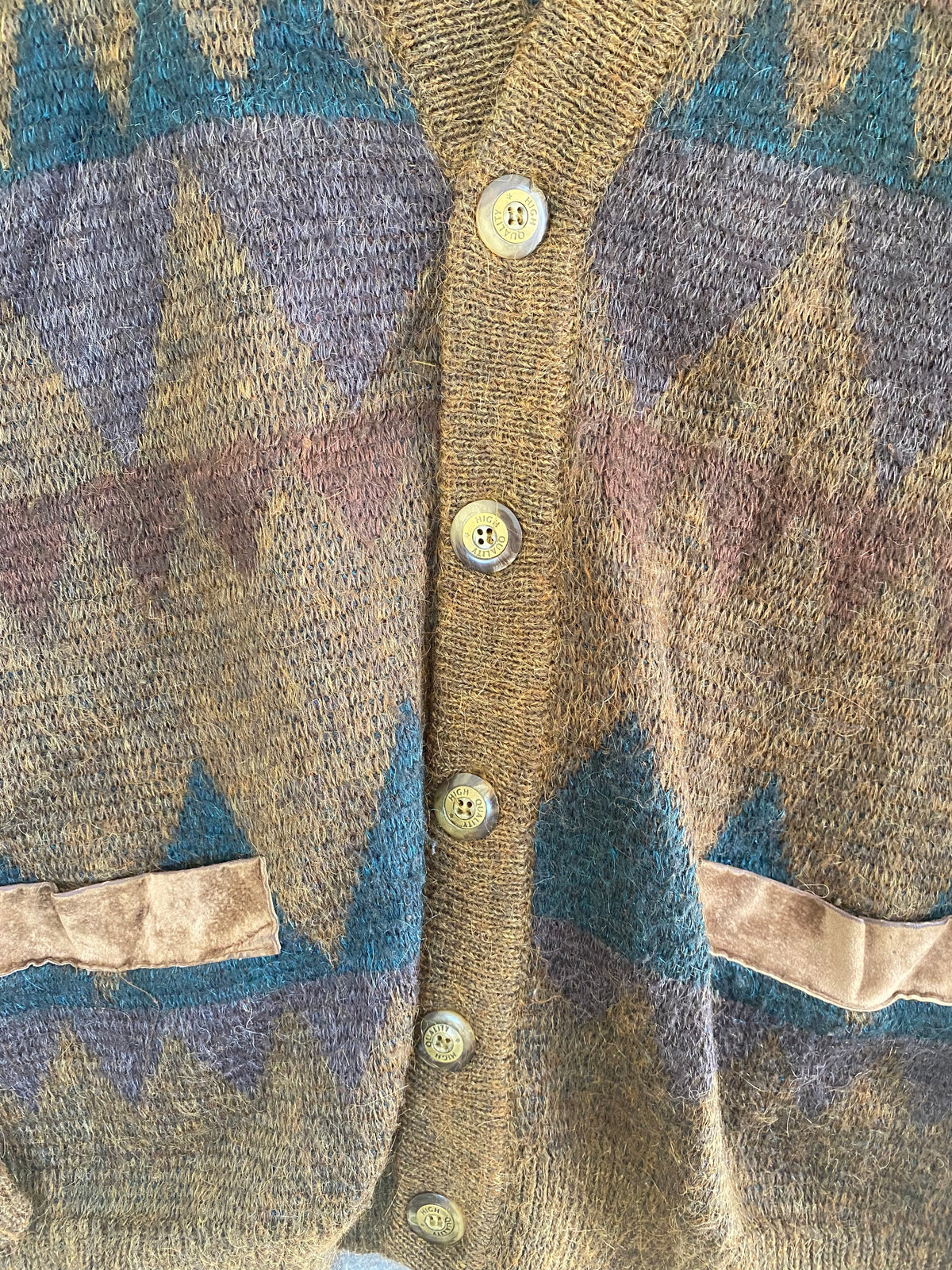 Gilet cardigan vintage en maille mohair – motifs géométriques