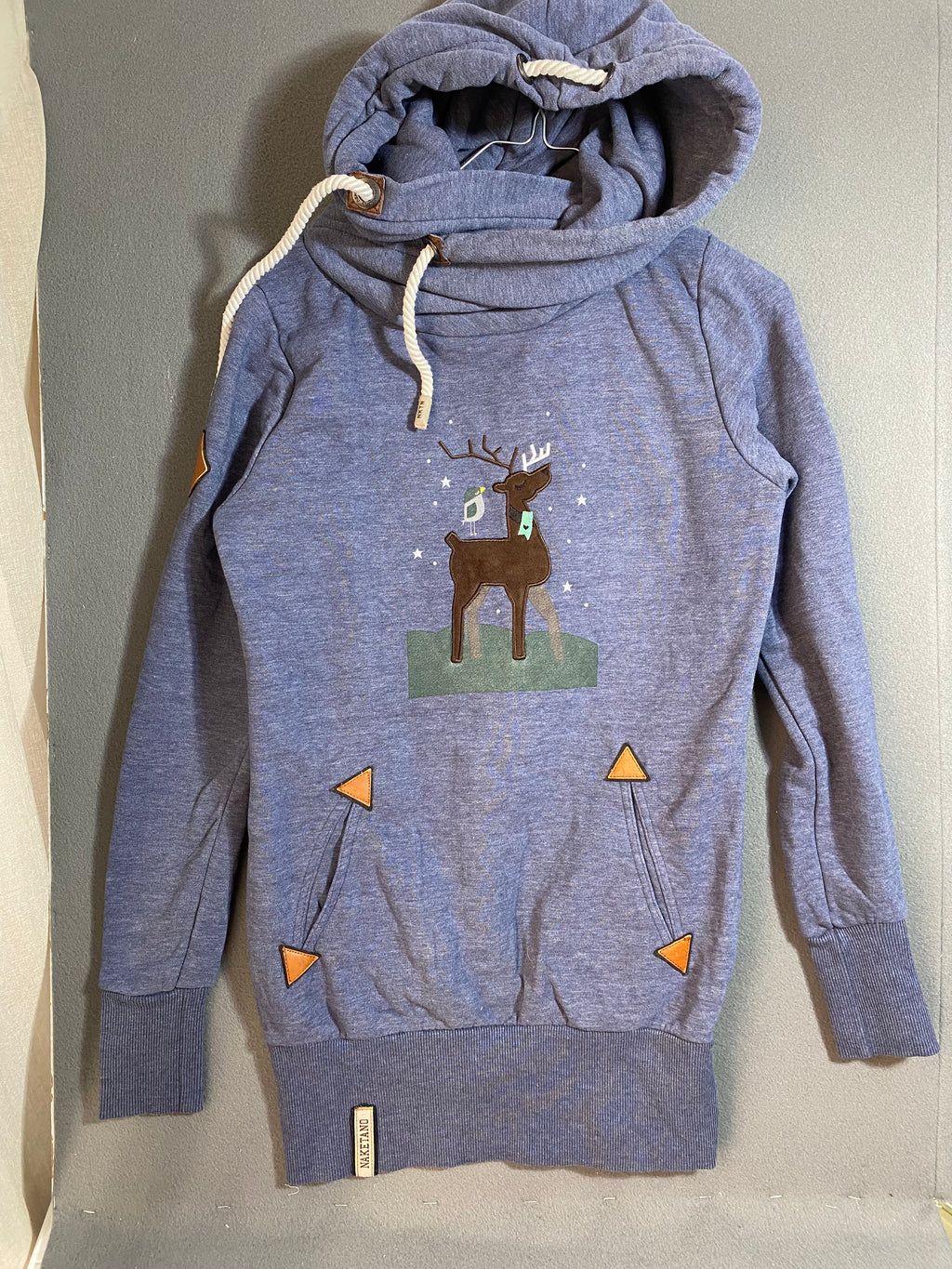 Sweat long à capuche bleu chiné imprimé cerf