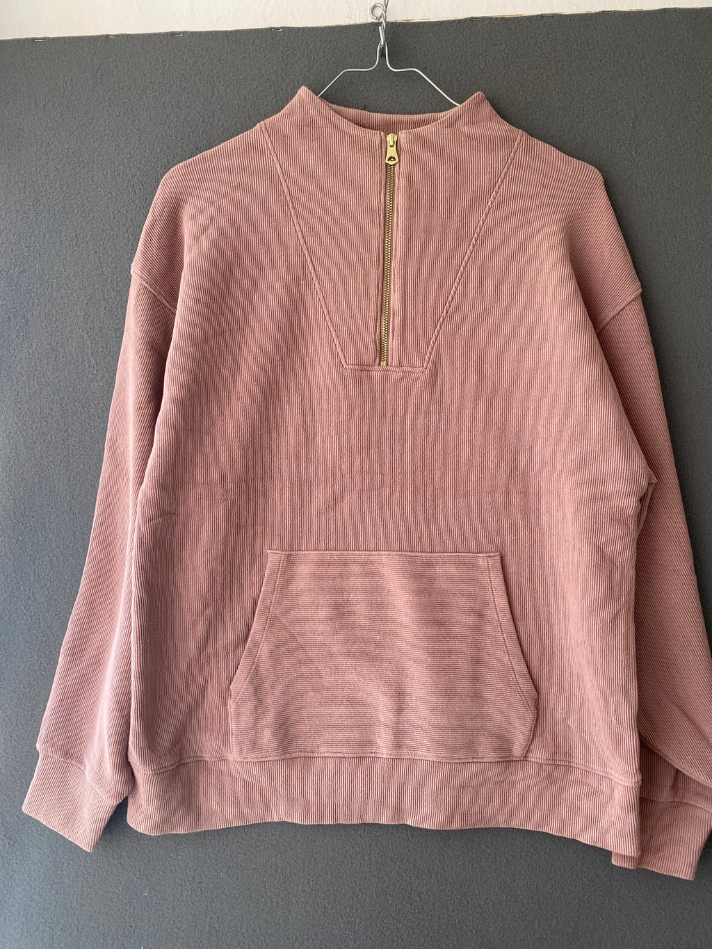 Sweat demi-zip côtelé rose poudré