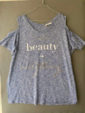T-shirt épaules dénudées bleu chiné imprimé « beauty »