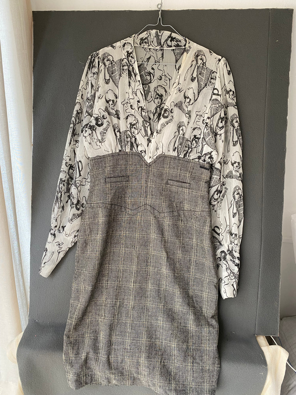 Robe bi-matière blouse imprimée et jupe prince-de-galles